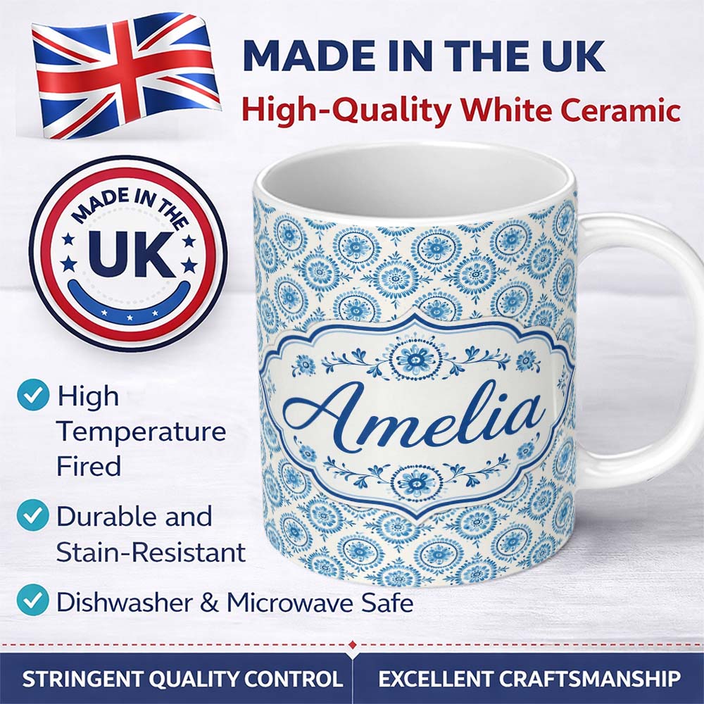 Personalized Custom Name Light Blue Floral Medallion Tile Seamless Pattern Name Cute Unique 11oz Ceramic Coffee Tea Mug White Large Handle