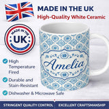 Personalized Custom Name Light Blue Floral Medallion Tile Seamless Pattern Name Cute Unique 11oz Ceramic Coffee Tea Mug White Large Handle