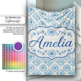 Light Blue Floral Medallion Tile Seamless Pattern Name Cute Unique  Personalised Custom Name Super Soft Fleece Blanket Bed Sofa Throw