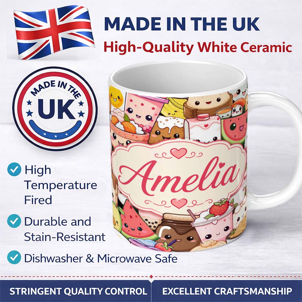 Personalized Custom Name Cute Kawaii Food Characters Seamless Pattern Cream Background Fun 11oz Ceramic Coffee Tea Mug White Large Handle