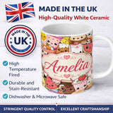 Personalized Custom Name Cute Kawaii Food Characters Seamless Pattern Cream Background Fun 11oz Ceramic Coffee Tea Mug White Large Handle