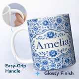 Personalized Custom Name Blue Vintage Floral Botanical Seamless Pattern Name Cute Unique Gift 11oz Ceramic Coffee Tea Mug White Large Handle