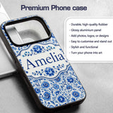 Blue Vintage Floral Botanical Seamless Pattern Custom Name Protective Phone Case Mobile Cover Durable Everyday Smartphone Shock Resistant