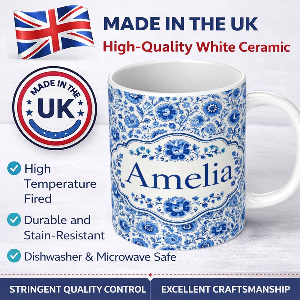 Personalized Custom Name Blue Vintage Floral Botanical Seamless Pattern Name Cute Unique Gift 11oz Ceramic Coffee Tea Mug White Large Handle