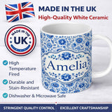 Personalized Custom Name Blue Vintage Floral Botanical Seamless Pattern Name Cute Unique Gift 11oz Ceramic Coffee Tea Mug White Large Handle