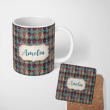Personalized Custom Name Teal Burgundy Abstract Geometric Seamless Pattern Name Cute Unique 11oz Ceramic Coffee Tea Mug White Large Handle