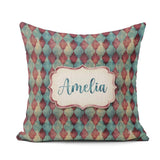 Custom Name Teal Burgundy Abstract Geometric Seamless Name Cute Square Filled Cushion Throw Pillow Sofa Bed Home Decor Zip Washable UK Made