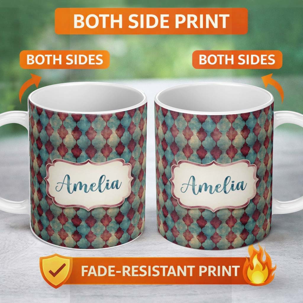 Personalized Custom Name Teal Burgundy Abstract Geometric Seamless Pattern Name Cute Unique 11oz Ceramic Coffee Tea Mug White Large Handle