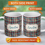 Personalized Custom Name Teal Burgundy Abstract Geometric Seamless Pattern Name Cute Unique 11oz Ceramic Coffee Tea Mug White Large Handle