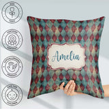 Custom Name Teal Burgundy Abstract Geometric Seamless Name Cute Square Filled Cushion Throw Pillow Sofa Bed Home Decor Zip Washable UK Made