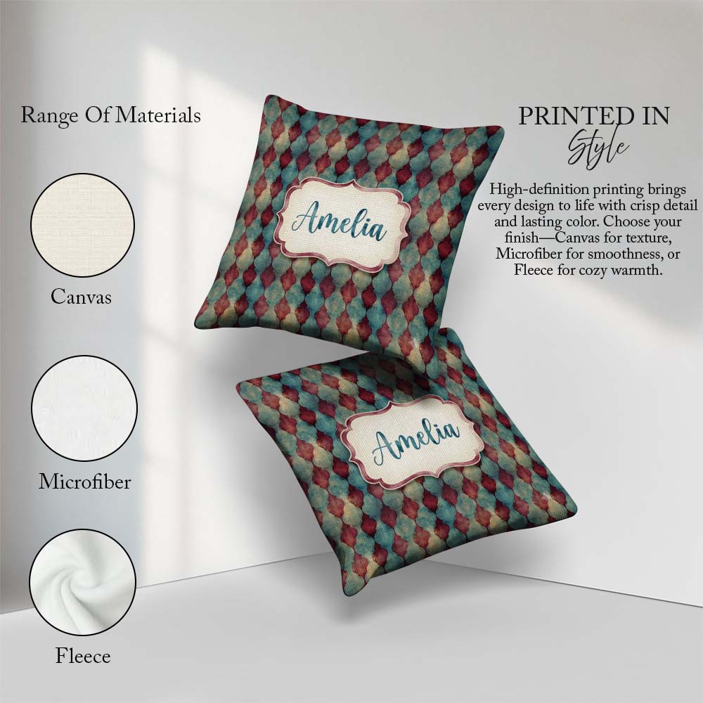 Custom Name Teal Burgundy Abstract Geometric Seamless Name Cute Square Filled Cushion Throw Pillow Sofa Bed Home Decor Zip Washable UK Made