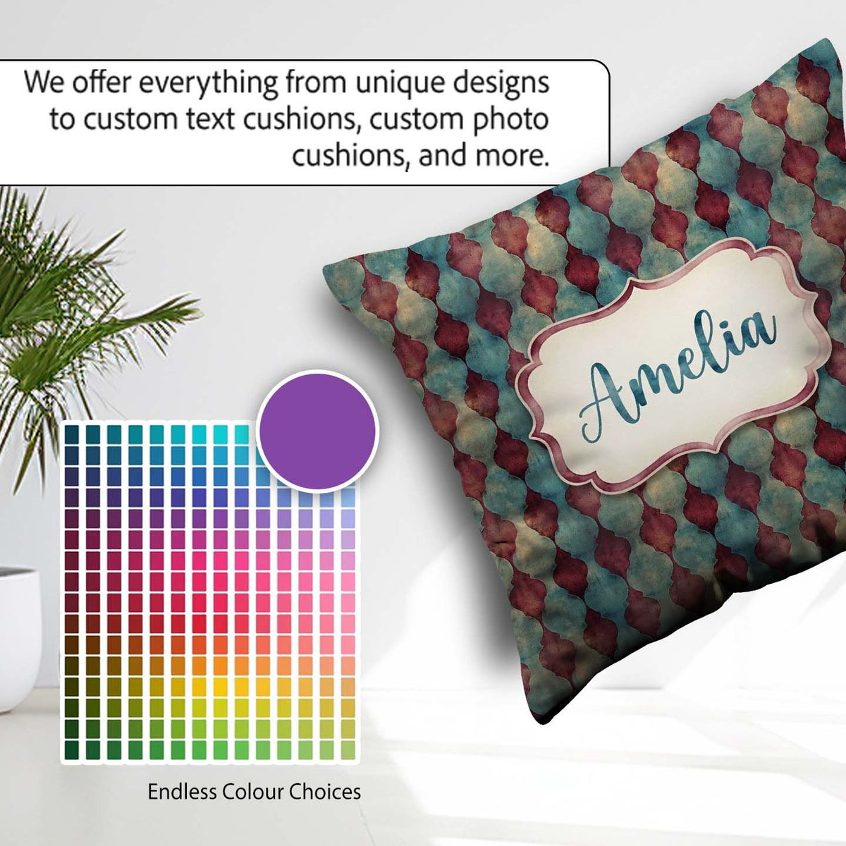 Custom Name Teal Burgundy Abstract Geometric Seamless Name Cute Square Filled Cushion Throw Pillow Sofa Bed Home Decor Zip Washable UK Made