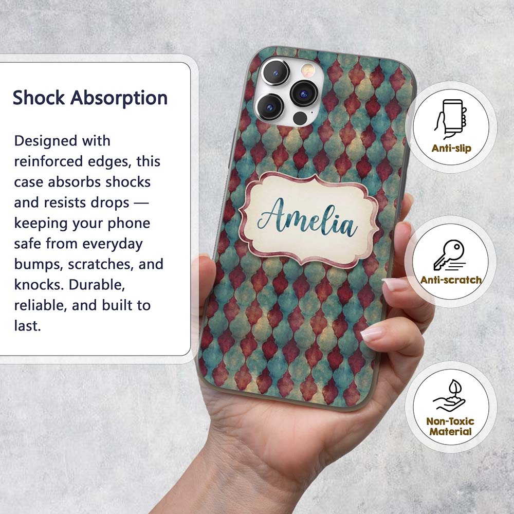 Teal Burgundy Abstract Geometric Seamless Pattern Custom Name Protective Phone Case Mobile Cover Durable Everyday Smartphone Shock Resistant