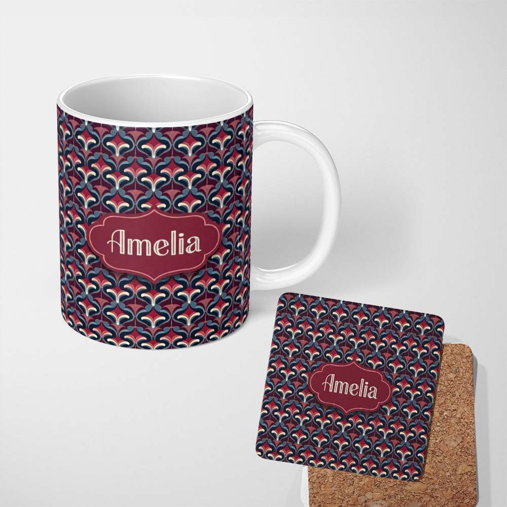 Personalized Custom Name Red Blue Art Deco Geometric Seamless Pattern Name Cute Unique Gift 11oz Ceramic Coffee Tea Mug White Large Handle