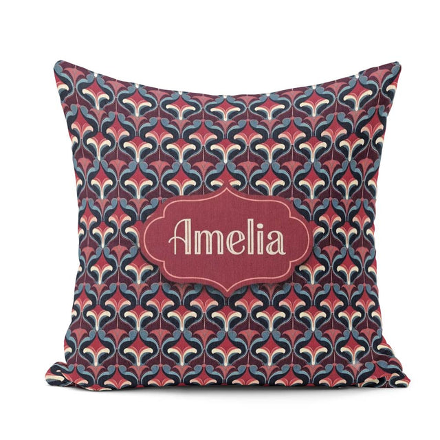 Custom Name Red Blue Art Deco Geometric Seamless Pattern Name Square Filled Cushion Throw Pillow Sofa Bed Home Decor Zip Washable UK Made