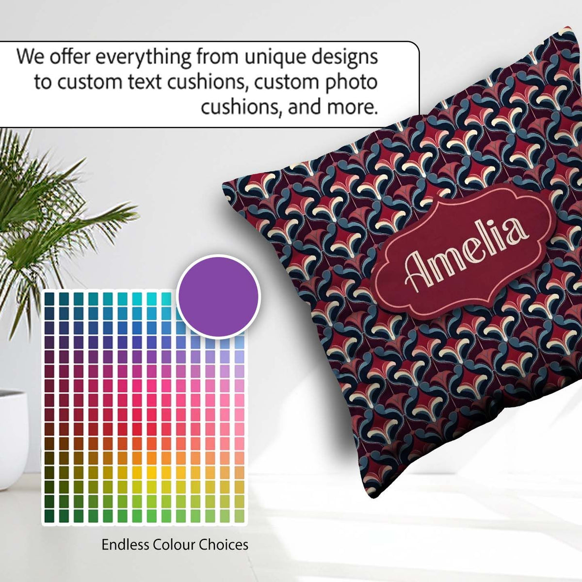 Custom Name Red Blue Art Deco Geometric Seamless Pattern Name Square Filled Cushion Throw Pillow Sofa Bed Home Decor Zip Washable UK Made