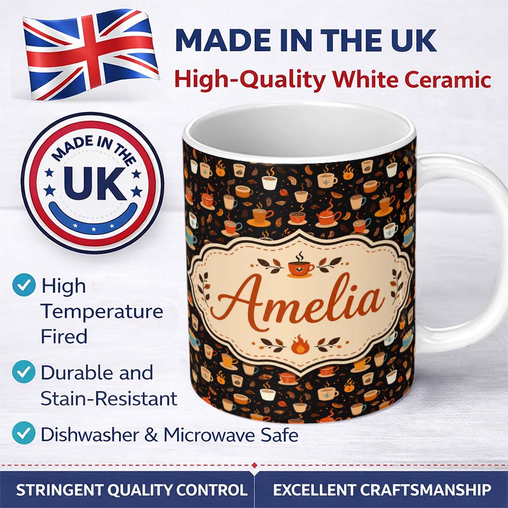 Personalized Custom Name Cute Coffee Cups with Leaves and Steam Cozy Seamless Pattern Lovely 11oz Ceramic Coffee Tea Mug White Large Handle