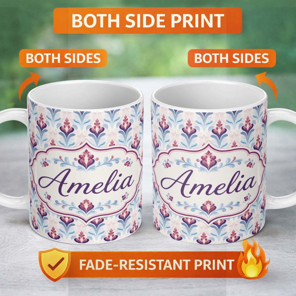 Personalized Custom Name Soft Pastel Floral Leaf Repeat Seamless Pattern Name Cute Unique 11oz Ceramic Coffee Tea Mug White Large Handle