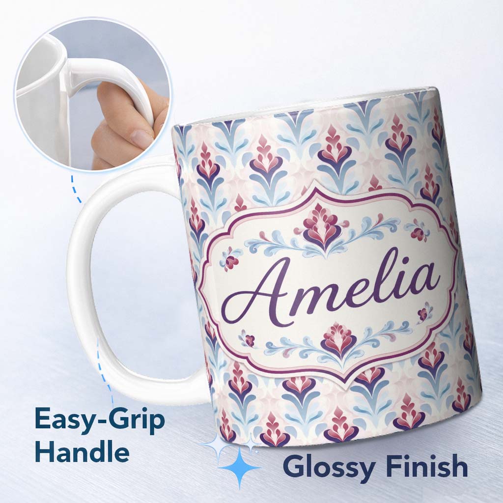 Personalized Custom Name Soft Pastel Floral Leaf Repeat Seamless Pattern Name Cute Unique 11oz Ceramic Coffee Tea Mug White Large Handle