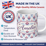 Personalized Custom Name Soft Pastel Floral Leaf Repeat Seamless Pattern Name Cute Unique 11oz Ceramic Coffee Tea Mug White Large Handle