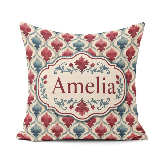 Custom Name Red Blue Watercolor Leaf Tile Seamless Pattern Name Square Filled Cushion Throw Pillow Sofa Bed Home Decor Zip Washable UK Made