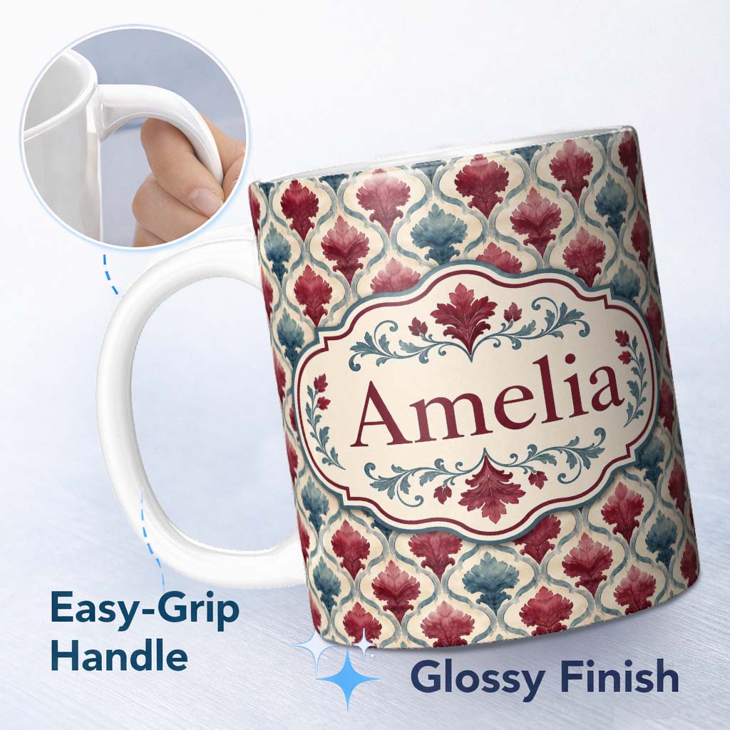 Personalized Custom Name Red Blue Watercolor Leaf Tile Seamless Pattern Name Cute Unique Gift 11oz Ceramic Coffee Tea Mug White Large Handle
