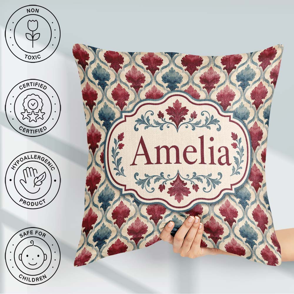 Custom Name Red Blue Watercolor Leaf Tile Seamless Pattern Name Square Filled Cushion Throw Pillow Sofa Bed Home Decor Zip Washable UK Made