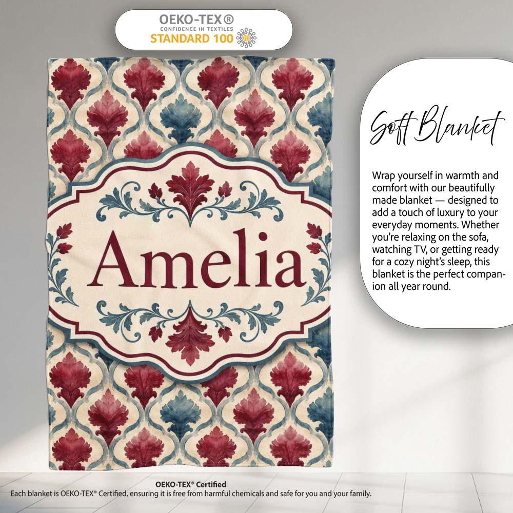 Red Blue Watercolor Leaf Tile Seamless Pattern Name Cute Unique Gift  Personalised Custom Name Super Soft Fleece Blanket Bed Sofa Throw