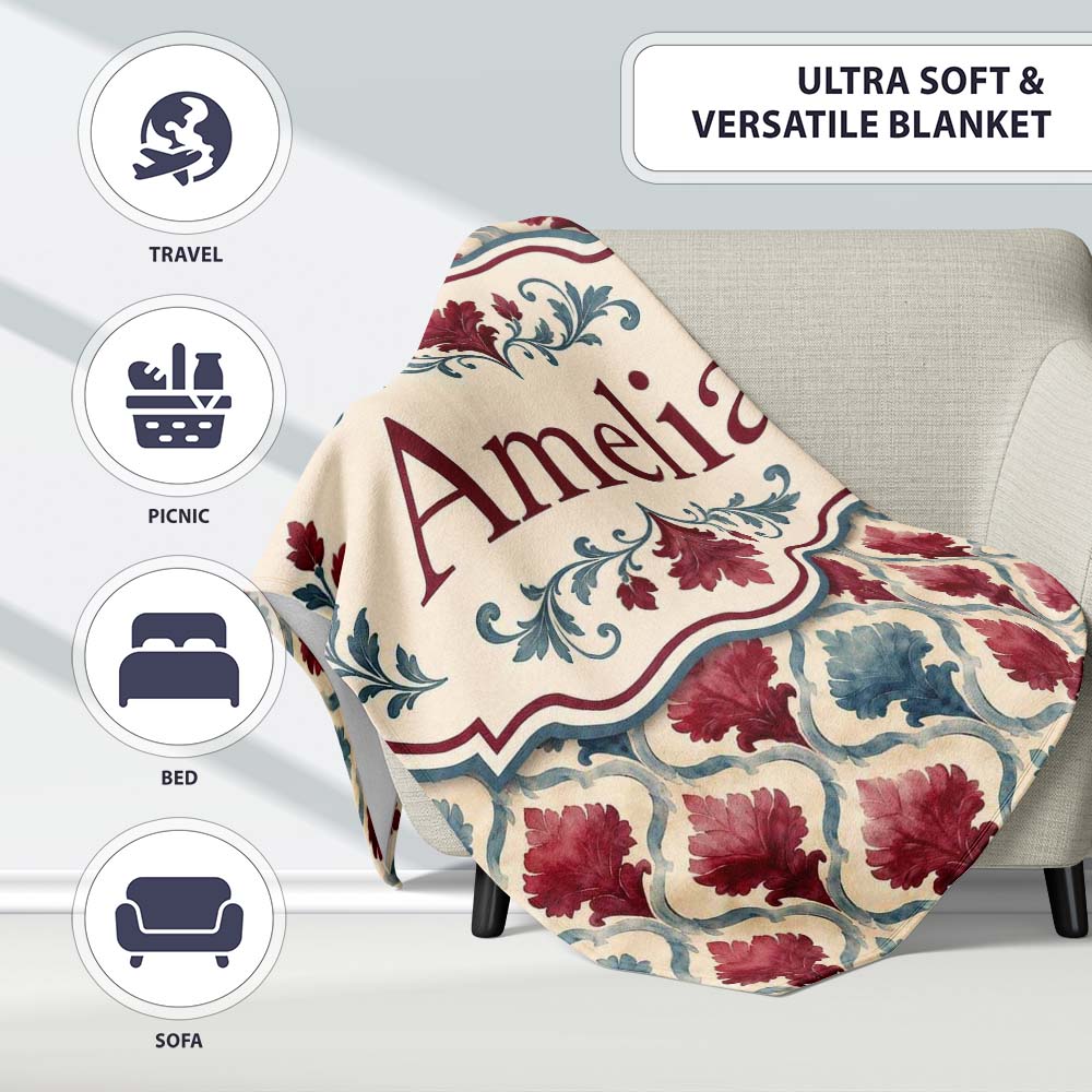 Red Blue Watercolor Leaf Tile Seamless Pattern Name Cute Unique Gift  Personalised Custom Name Super Soft Fleece Blanket Bed Sofa Throw