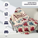 Red Blue Watercolor Leaf Tile Seamless Pattern Name Cute Unique Gift  Personalised Custom Name Super Soft Fleece Blanket Bed Sofa Throw