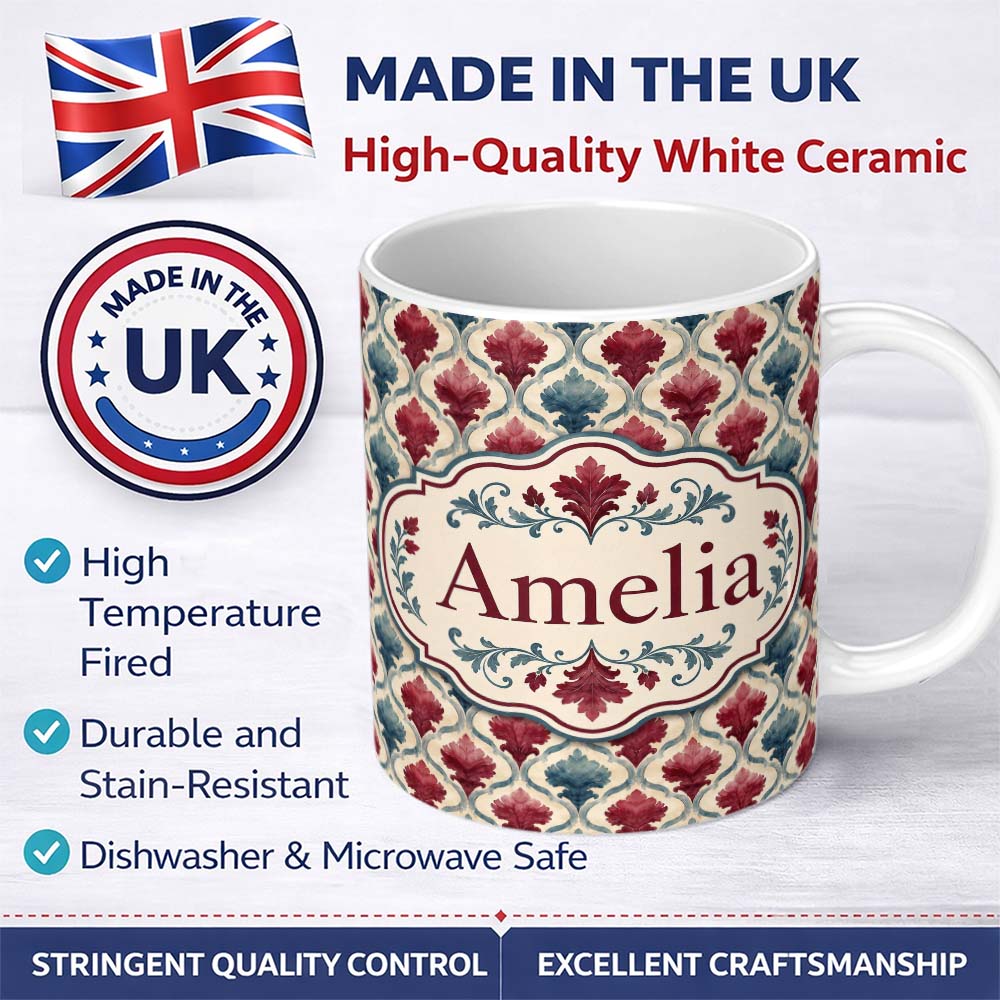 Personalized Custom Name Red Blue Watercolor Leaf Tile Seamless Pattern Name Cute Unique Gift 11oz Ceramic Coffee Tea Mug White Large Handle