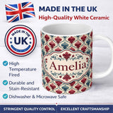 Personalized Custom Name Red Blue Watercolor Leaf Tile Seamless Pattern Name Cute Unique Gift 11oz Ceramic Coffee Tea Mug White Large Handle
