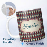 Personalized Custom Name Red Blue Diamond Ikat Style Seamless Pattern Name Cute Unique Gift 11oz Ceramic Coffee Tea Mug White Large Handle