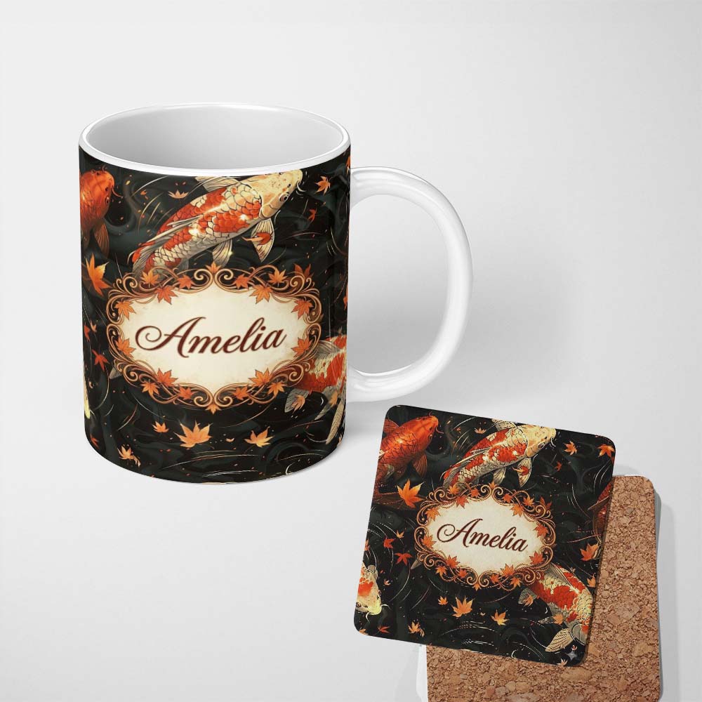 Personalized Custom Name Elegant Koi Fish Swimming on Dark Water with Falling Leaves Japanese 11oz Ceramic Coffee Tea Mug White Large Handle