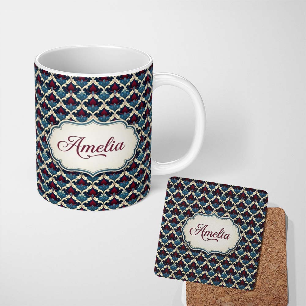Personalized Custom Name Ornate Red Blue Damask Floral Seamless Pattern Name Cute Unique Gift 11oz Ceramic Coffee Tea Mug White Large Handle
