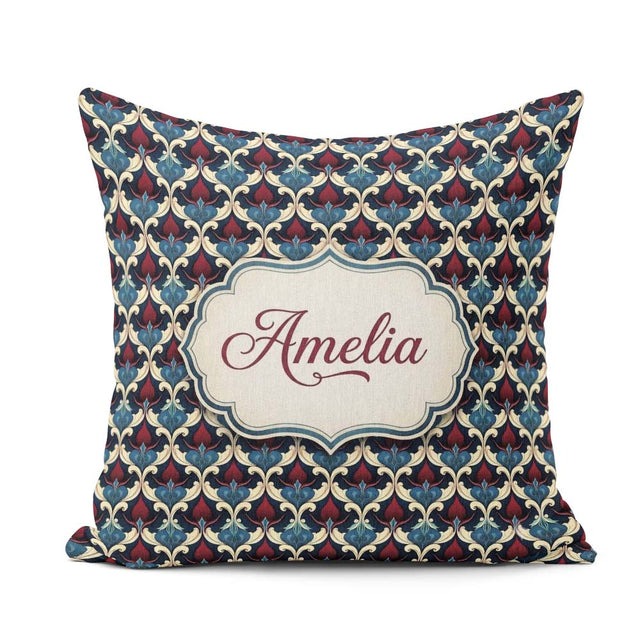 Custom Name Ornate Red Blue Damask Floral Seamless Pattern Name Square Filled Cushion Throw Pillow Sofa Bed Home Decor Zip Washable UK Made