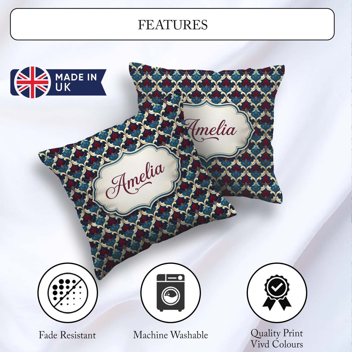 Custom Name Ornate Red Blue Damask Floral Seamless Pattern Name Square Filled Cushion Throw Pillow Sofa Bed Home Decor Zip Washable UK Made