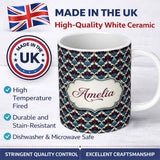 Personalized Custom Name Ornate Red Blue Damask Floral Seamless Pattern Name Cute Unique Gift 11oz Ceramic Coffee Tea Mug White Large Handle