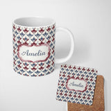 Personalized Custom Name Minimal Red Blue Folk Motif Seamless Pattern Name Cute Unique Gift 11oz Ceramic Coffee Tea Mug White Large Handle