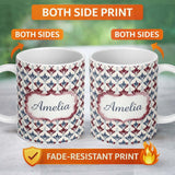 Personalized Custom Name Minimal Red Blue Folk Motif Seamless Pattern Name Cute Unique Gift 11oz Ceramic Coffee Tea Mug White Large Handle