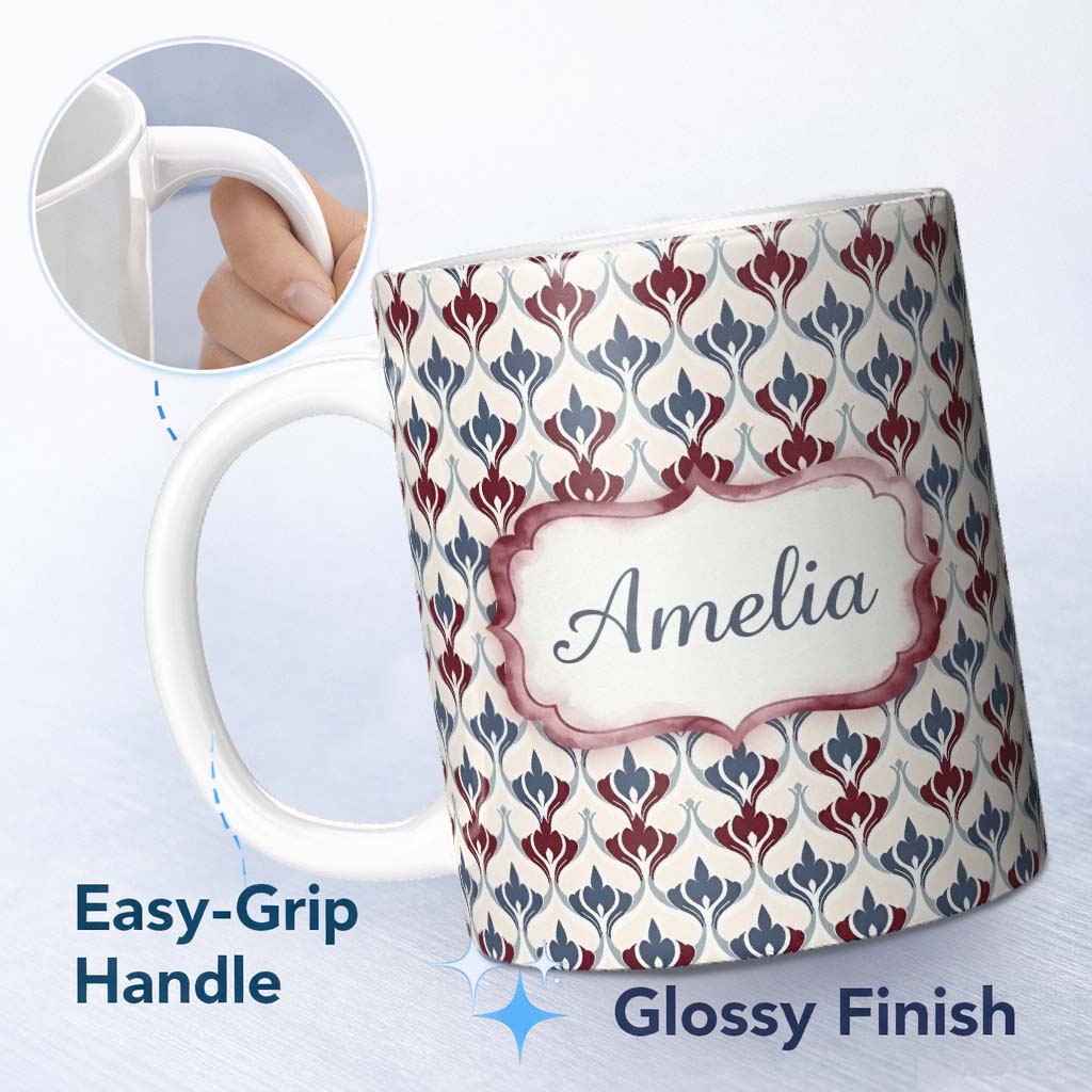 Personalized Custom Name Minimal Red Blue Folk Motif Seamless Pattern Name Cute Unique Gift 11oz Ceramic Coffee Tea Mug White Large Handle