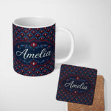 Personalized Custom Name Dark Red Blue Ornate Floral Damask Seamless Pattern Name Cute 11oz Ceramic Coffee Tea Mug White Large Handle