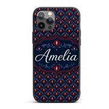 Dark Red Blue Ornate Floral Damask Printed Design Custom Name Protective Phone Case Mobile Cover Durable Everyday Smartphone Shock Resistant