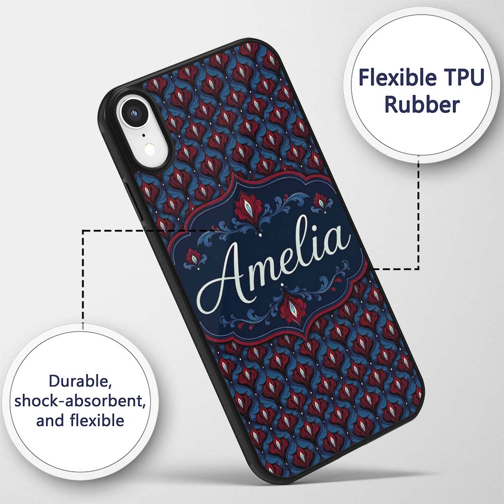 Dark Red Blue Ornate Floral Damask Printed Design Custom Name Protective Phone Case Mobile Cover Durable Everyday Smartphone Shock Resistant