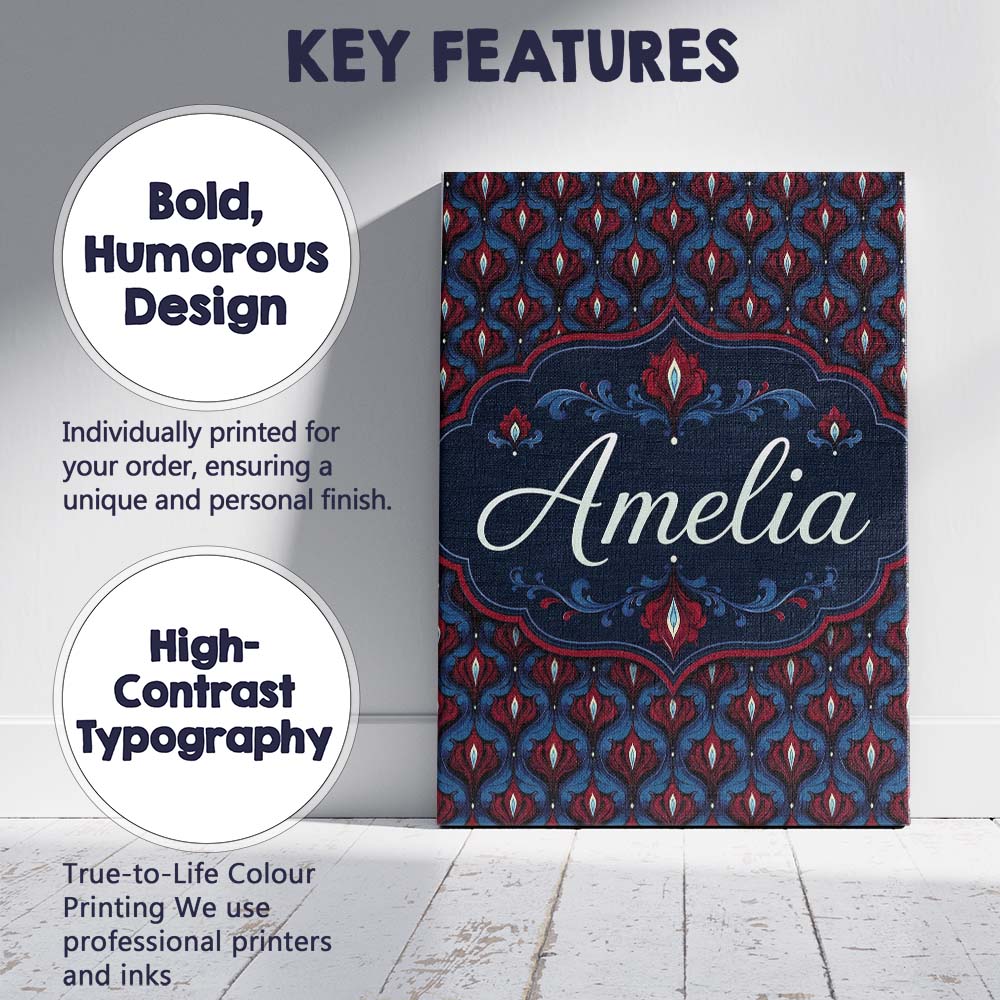 Personalised Name Dark Red Blue Ornate Custom  Modern Room Accent Elegant Feature Canvas Wall Art Print Decor Picture Ready to Hang