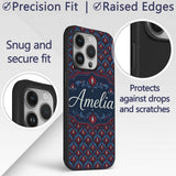 Dark Red Blue Ornate Floral Damask Printed Design Custom Name Protective Phone Case Mobile Cover Durable Everyday Smartphone Shock Resistant