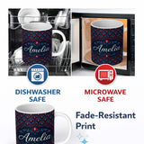 Personalized Custom Name Dark Red Blue Ornate Floral Damask Seamless Pattern Name Cute 11oz Ceramic Coffee Tea Mug White Large Handle
