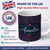 Personalized Custom Name Dark Red Blue Ornate Floral Damask Seamless Pattern Name Cute 11oz Ceramic Coffee Tea Mug White Large Handle