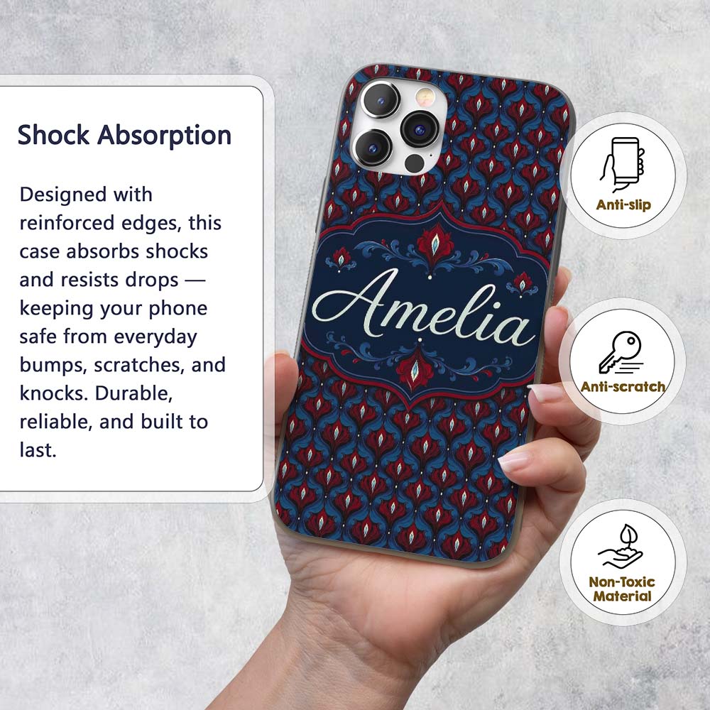 Dark Red Blue Ornate Floral Damask Printed Design Custom Name Protective Phone Case Mobile Cover Durable Everyday Smartphone Shock Resistant