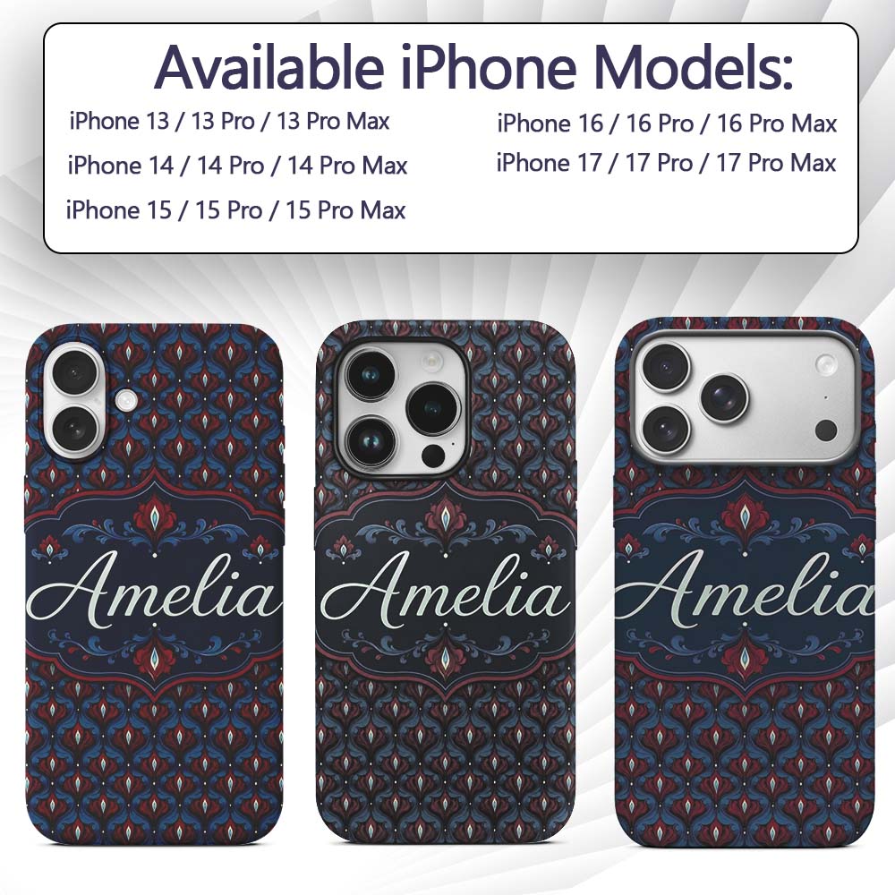 Dark Red Blue Ornate Floral Damask Printed Design Custom Name Protective Phone Case Mobile Cover Durable Everyday Smartphone Shock Resistant